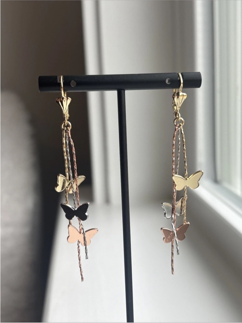 Gold Plated Butterfly Dangle Earrings MultiTone Mixed Metal Chain Drop Statement